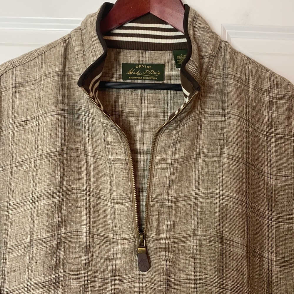 Orvis Signature Preppy Plaid Linen Zip Neck Long Sleeve Pullover Sweater Brown